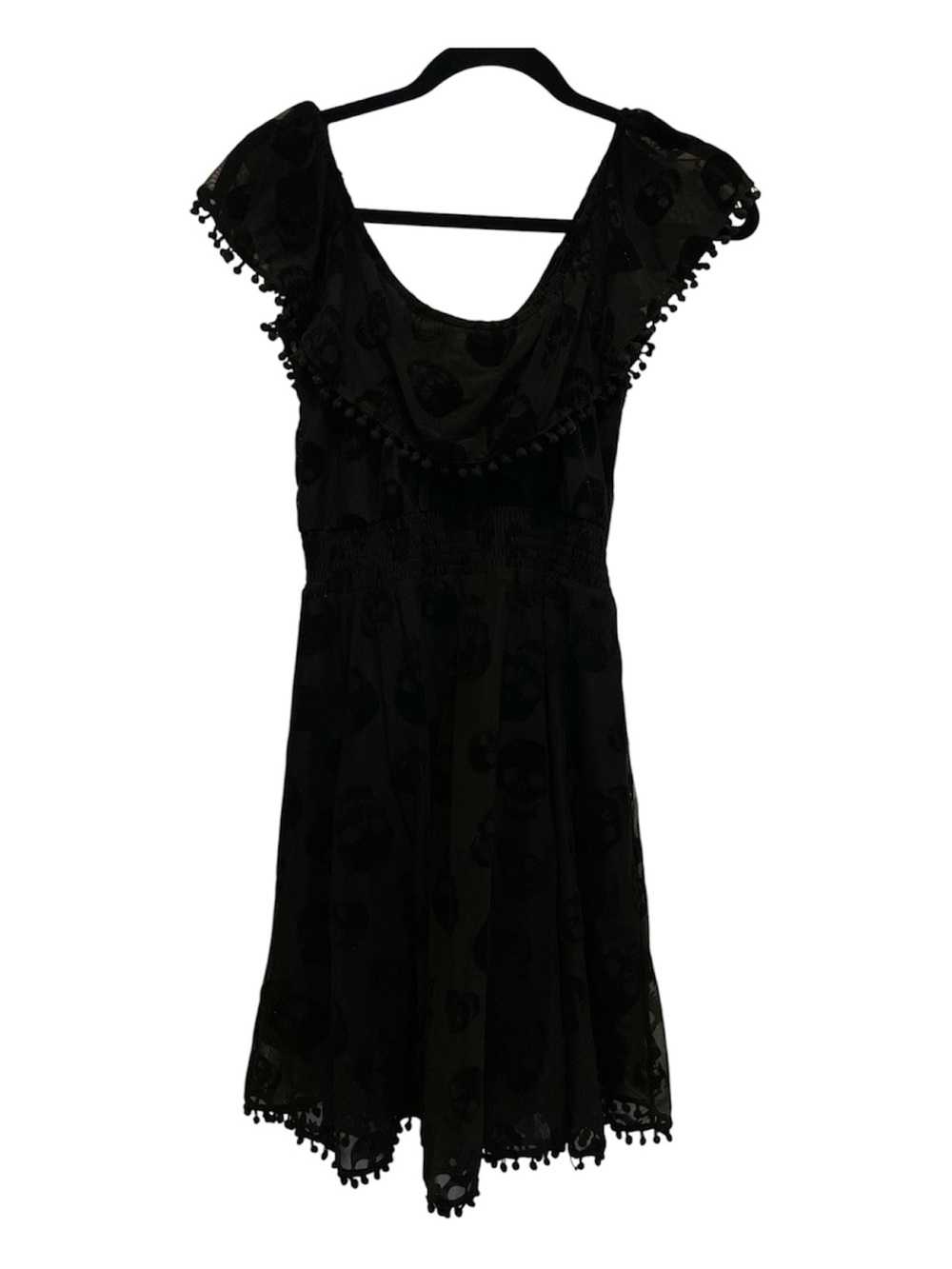 Sourpuss Black Pom-Trim Flocked Skull Patterned Dress